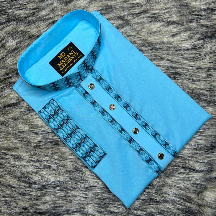 এমব্রয়ডারি পাঞ্জাবি আকাশী  কালার ধুতি